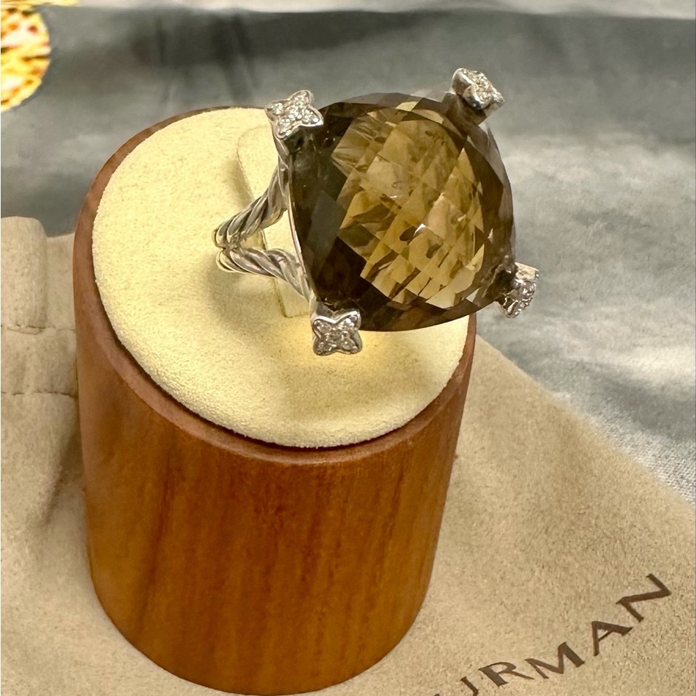 David Yurman Smokey Quartz Cable Ring with Diamonds Size 9